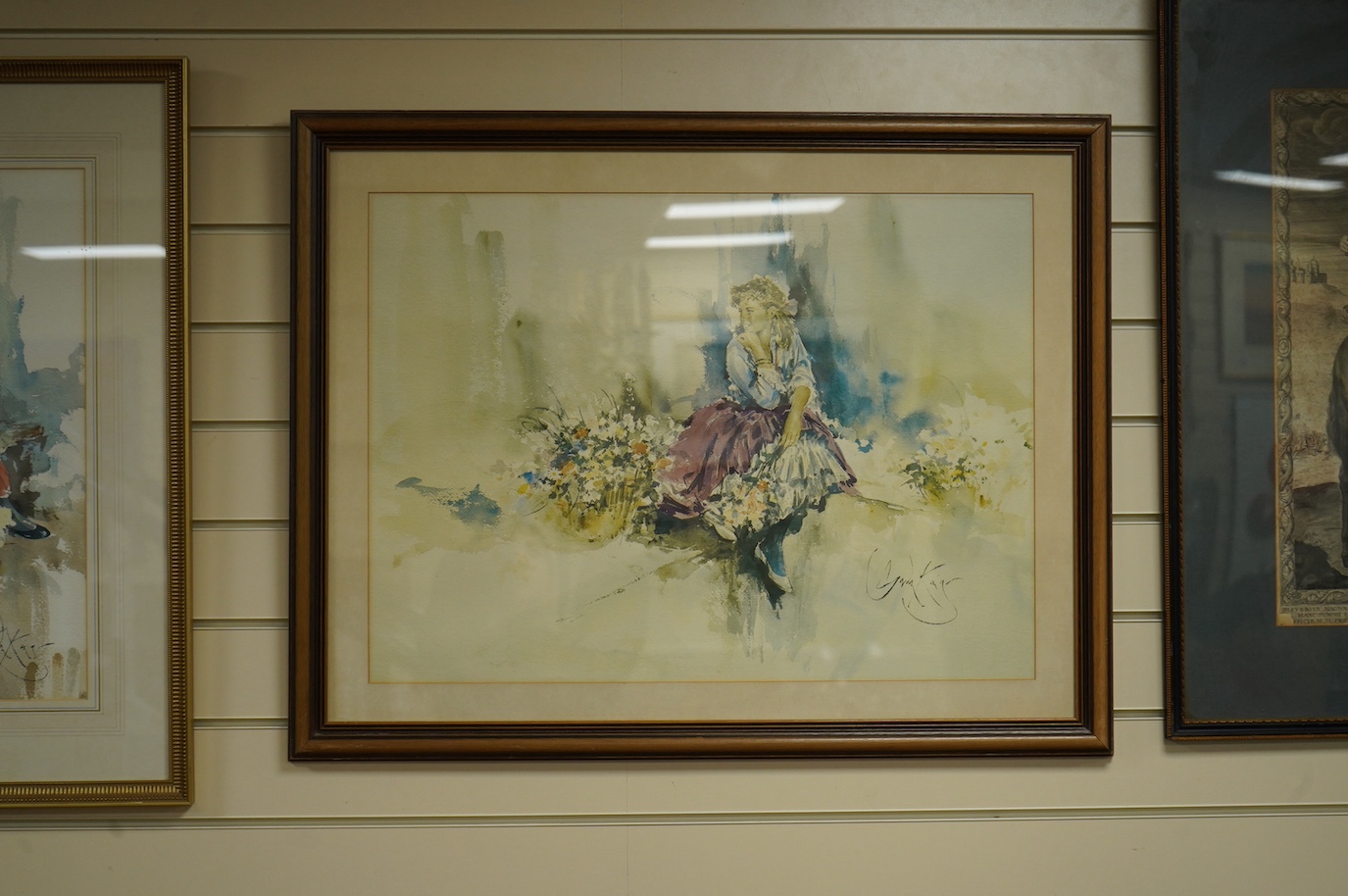 Gordon King (b.1939), two watercolours, Studies of flower sellers, each signed together with a colour print after the same artist, largest 49 x 66cm. Condition - good